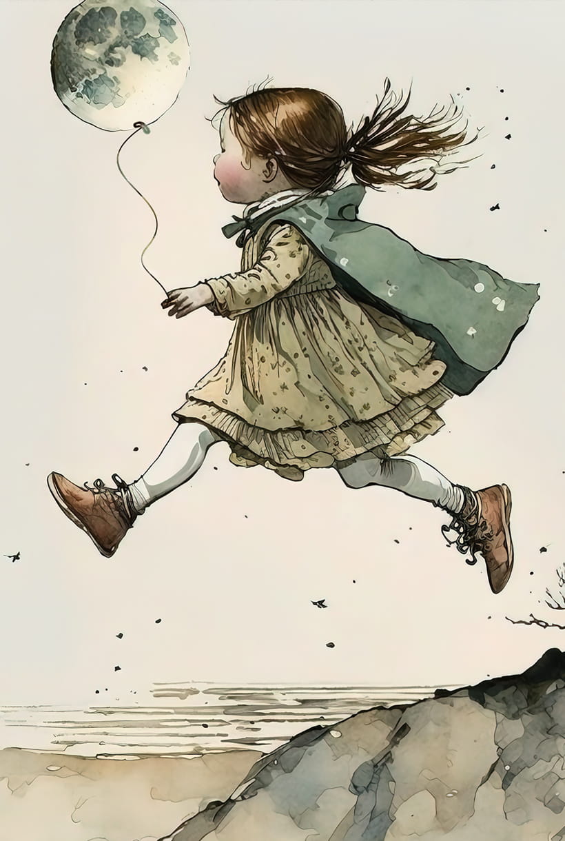 Kinderbuchillustration mit Mondballon Illustration eines Kindes mit Mondballon als stimmungsvolles Motiv für antiquarische Kinderbücher bei historicArt